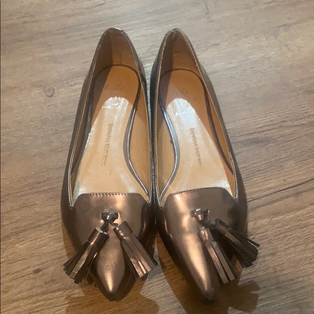 Pewter patent leather loafers